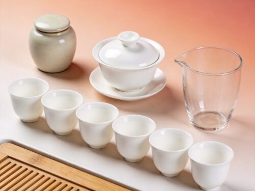 Porcelain Tea Brewing Set with Side Handle Pot and Cups